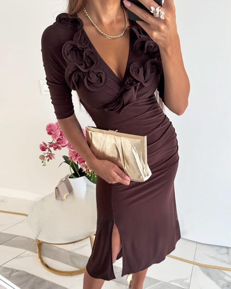 Slit Ruffles Deep V Neck Midi Dress