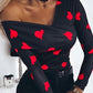Heart Print Asymmetrical Neck Top