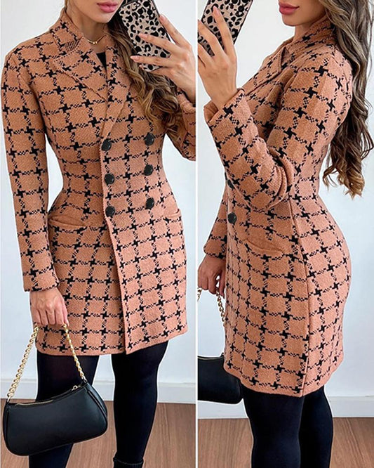 Plaid Print Double Breasted Knit Cardigan