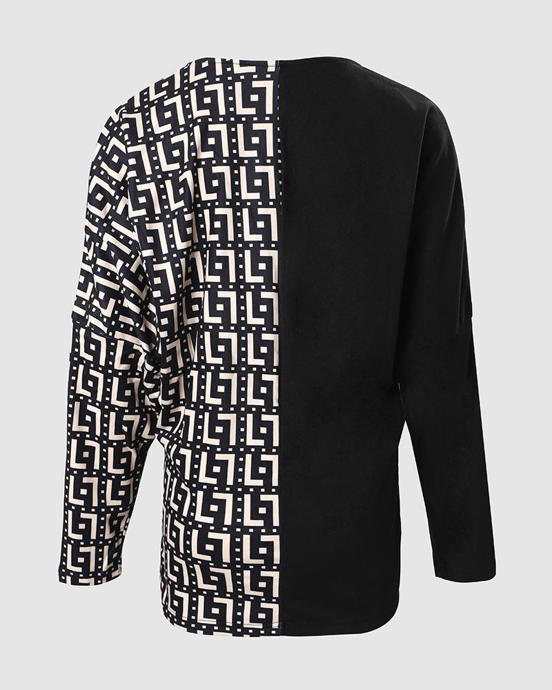 Geo Print Contrast Lace Long Sleeve Wrap Top