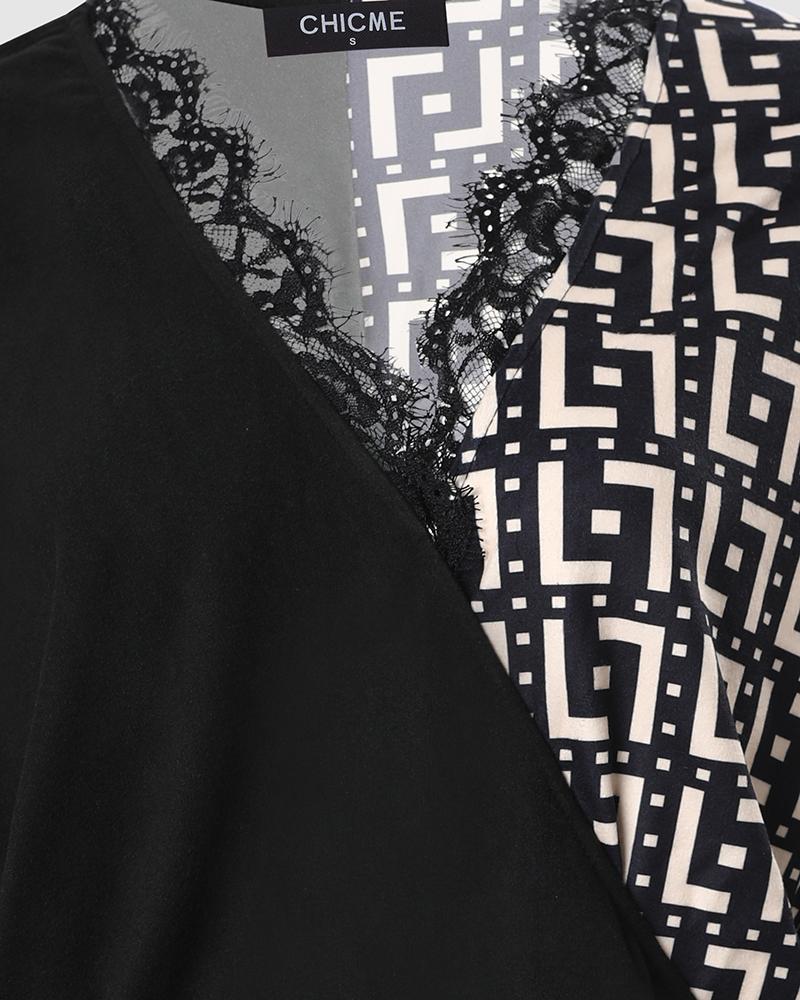 Geo Print Contrast Lace Long Sleeve Wrap Top