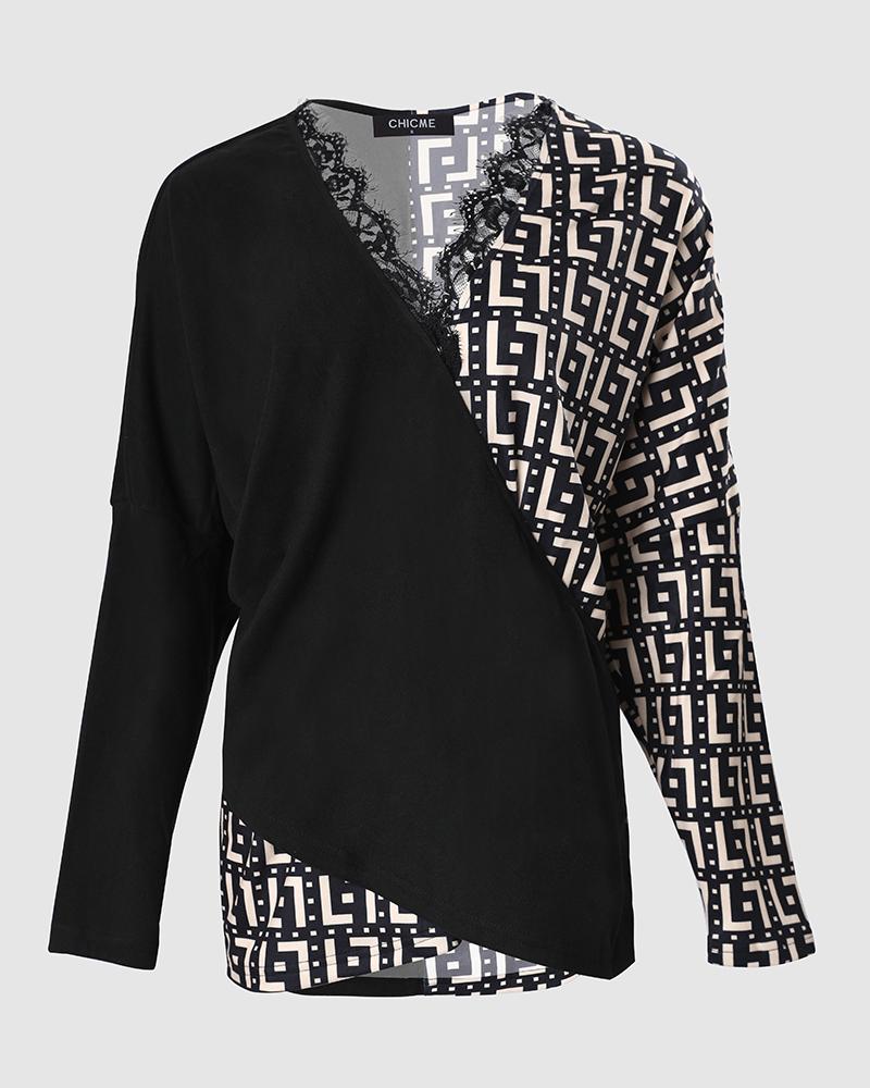 Geo Print Contrast Lace Long Sleeve Wrap Top
