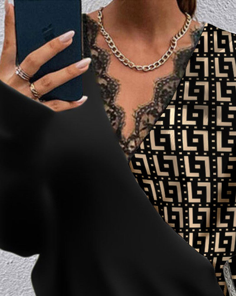 Geo Print Contrast Lace Long Sleeve Wrap Top
