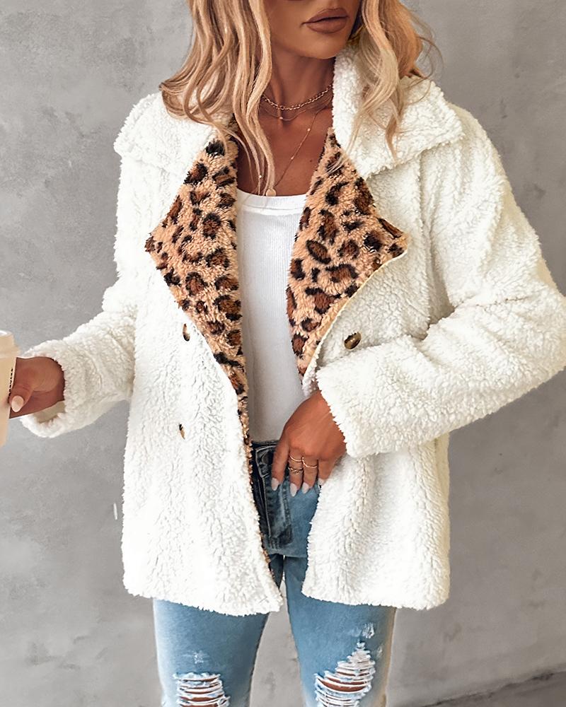 Contrast Leopard Double Breasted Teddy Coat