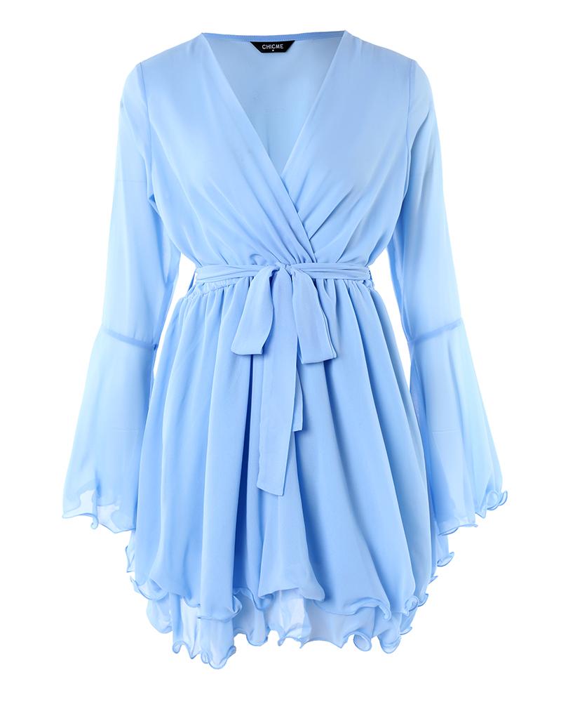 V Neck Bell Sleeve Pleated Layered Dress