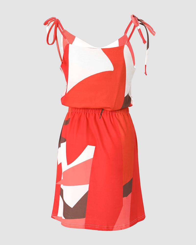 Geo Print Pocket Detail Drawstring Casual Dress