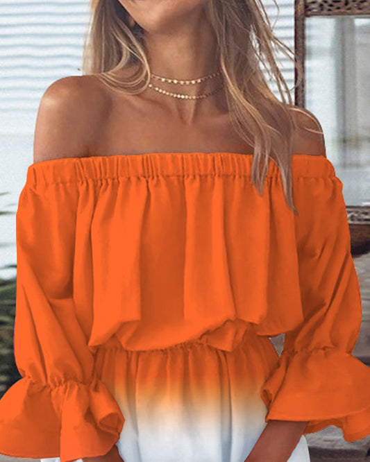 Ombre Off Shoulder Bell Sleeve Casual Dress