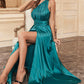 One Shoulder High Slit Satin Ruched Evening Dress