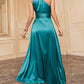 One Shoulder High Slit Satin Ruched Evening Dress