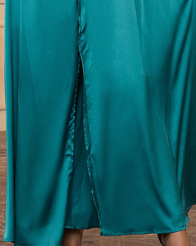 One Shoulder High Slit Satin Ruched Evening Dress