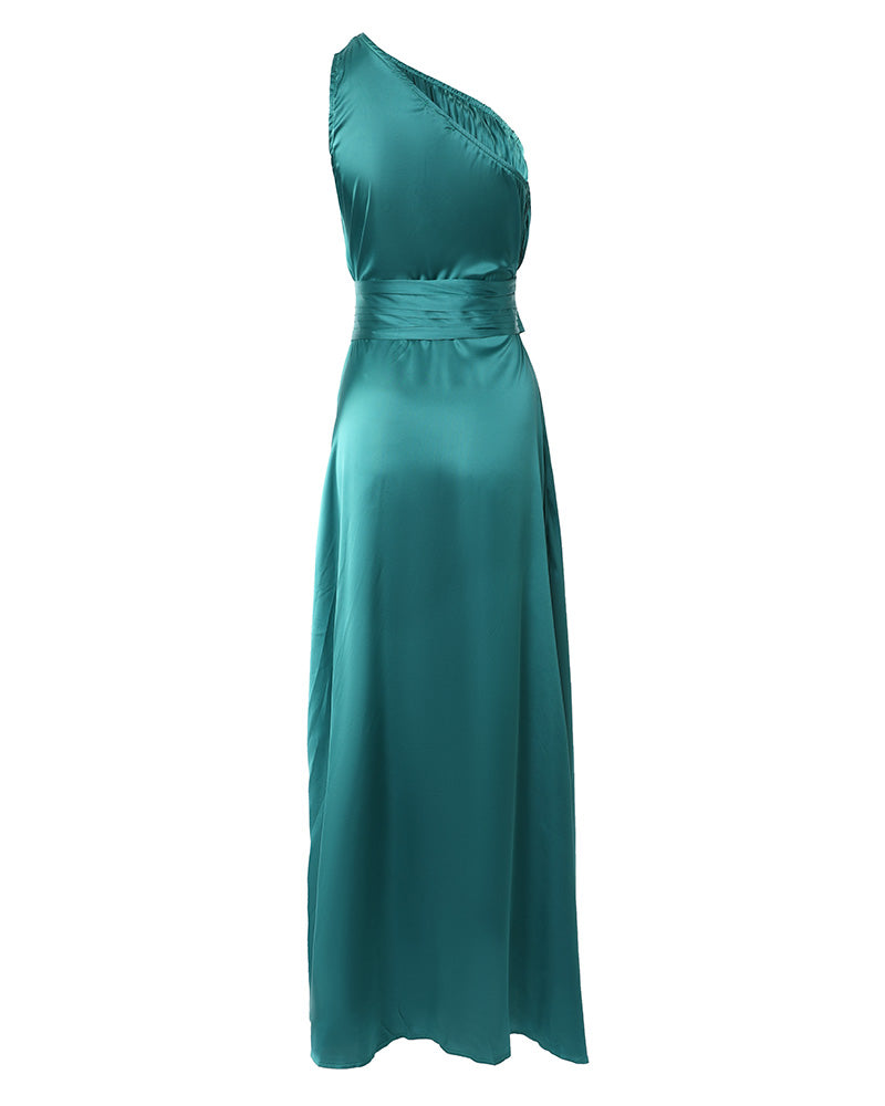 One Shoulder High Slit Satin Ruched Evening Dress