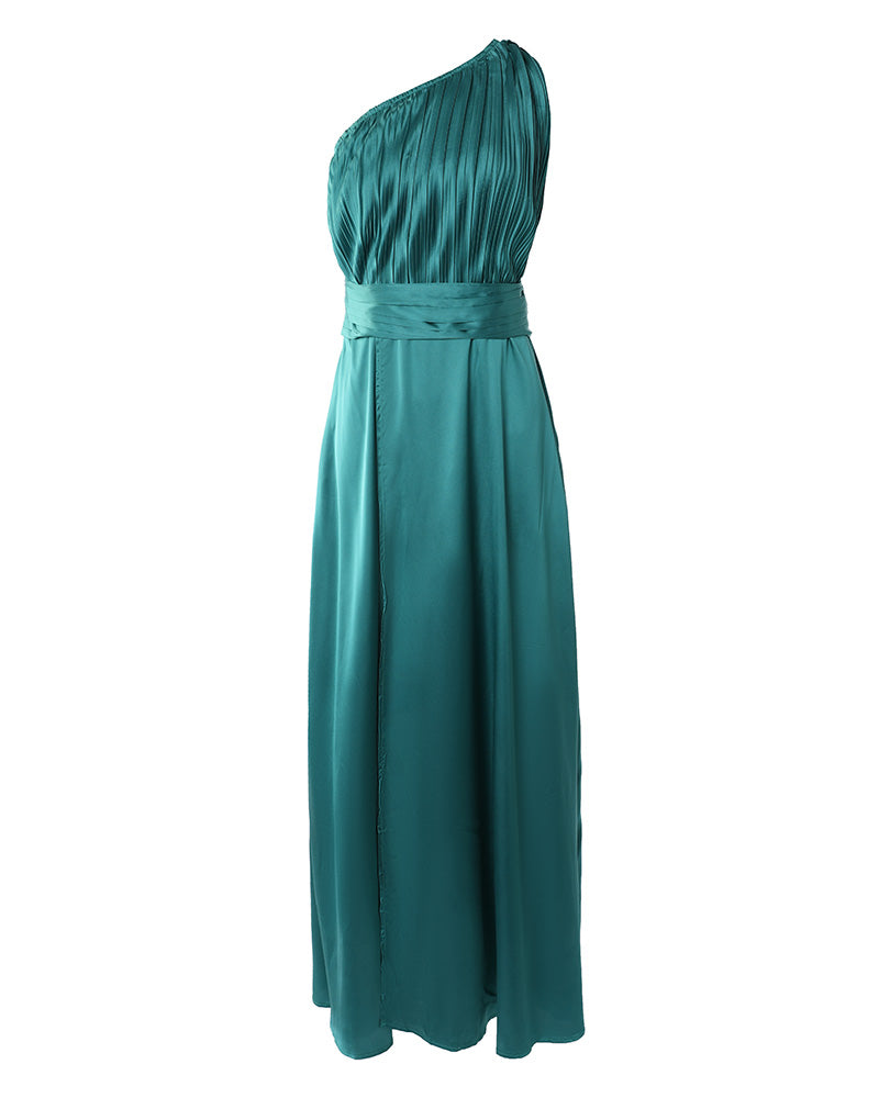 One Shoulder High Slit Satin Ruched Evening Dress