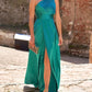 One Shoulder High Slit Satin Ruched Evening Dress