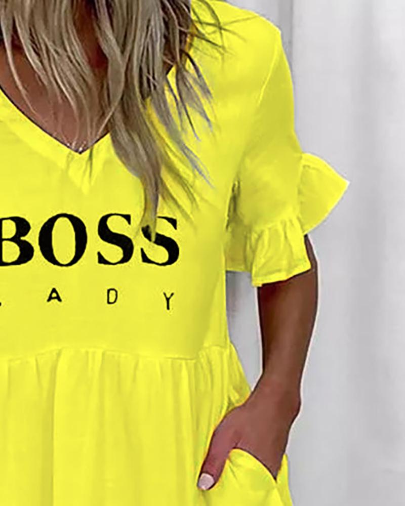 Letter Print Bell Sleeve Ruffles Casual Dress