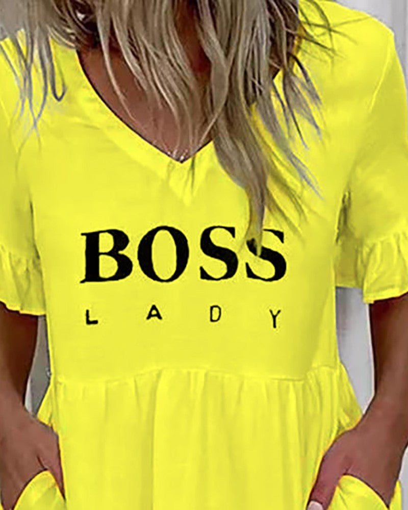 Letter Print Bell Sleeve Ruffles Casual Dress