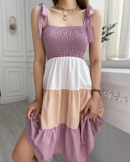 Colorblock Knot Shoulder Shirred Casual Dress