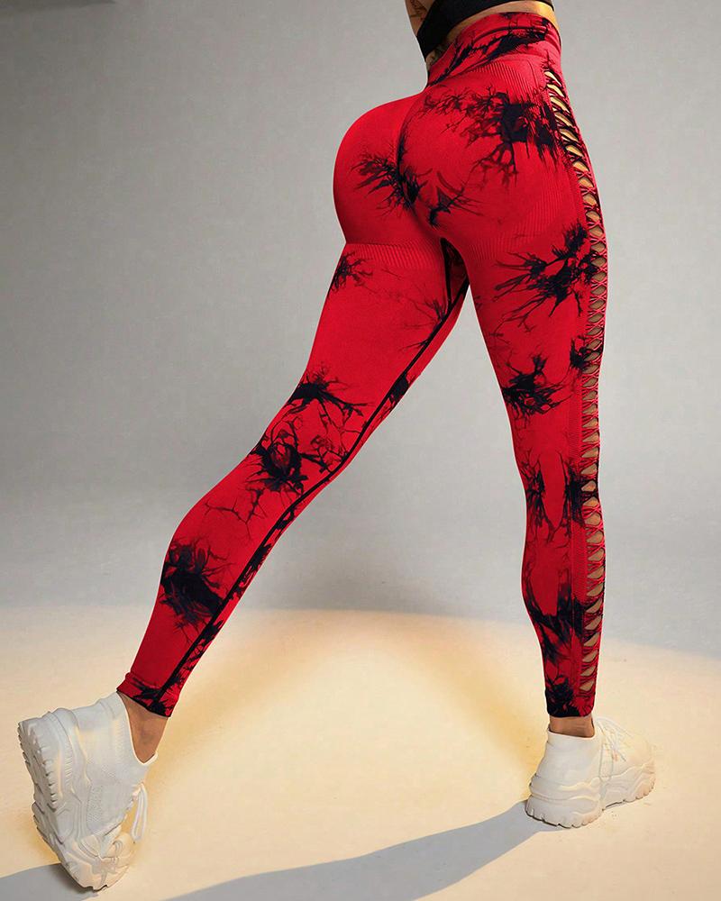 Tie Dye Print Ladder Cutout Sports Yoga Leggings