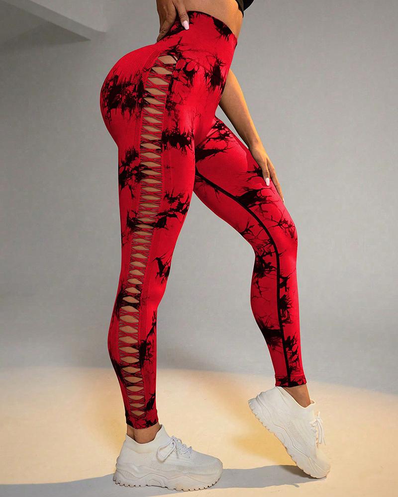 Tie Dye Print Ladder Cutout Sports Yoga Leggings