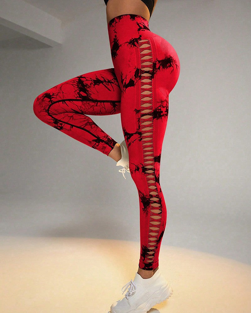 Tie Dye Print Ladder Cutout Sports Yoga Leggings