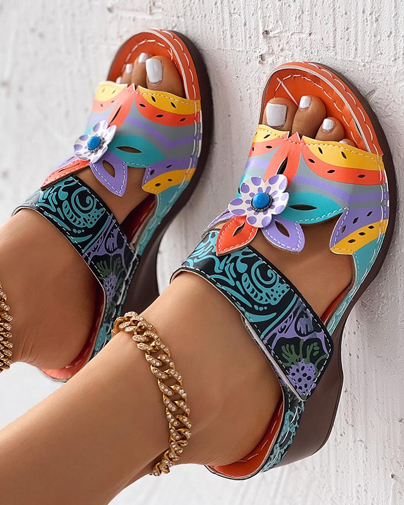 Colorblock Tribal Floral Pattern Wedge Slippers
