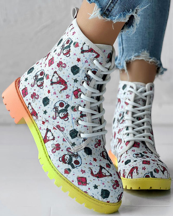 Christmas Gnomes Snowman Graphic Print Ombre Lace up Ankle Boots