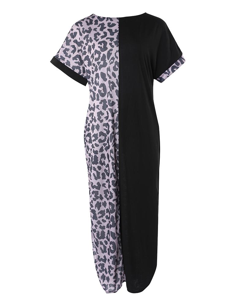 Leopard Patchwork Curved Hem Casual Dress