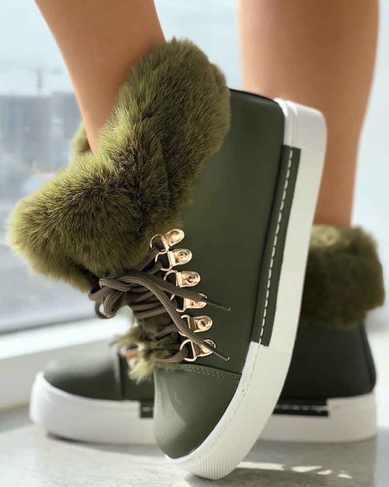 Lace up Fuzzy Detail Lined Ankle Boots