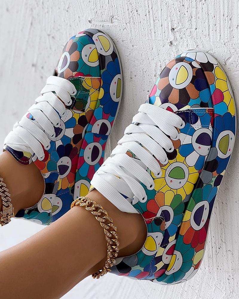Happy Face Floral Painting Print Platform Sneakers