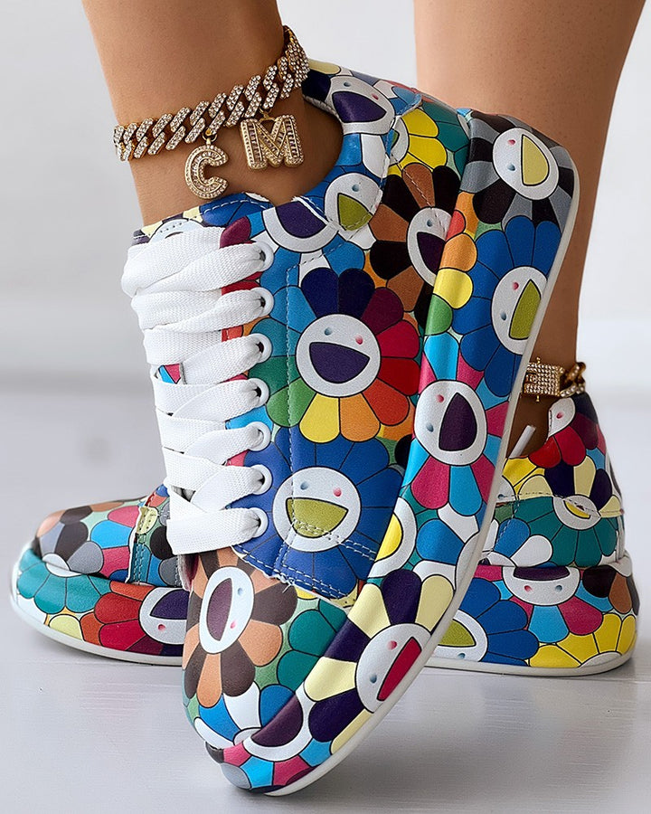 Happy Face Floral Painting Print Platform Sneakers