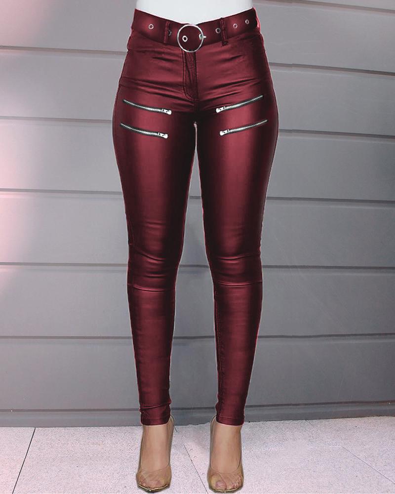 Zipper Design High Waist PU Leather Skinny Pants