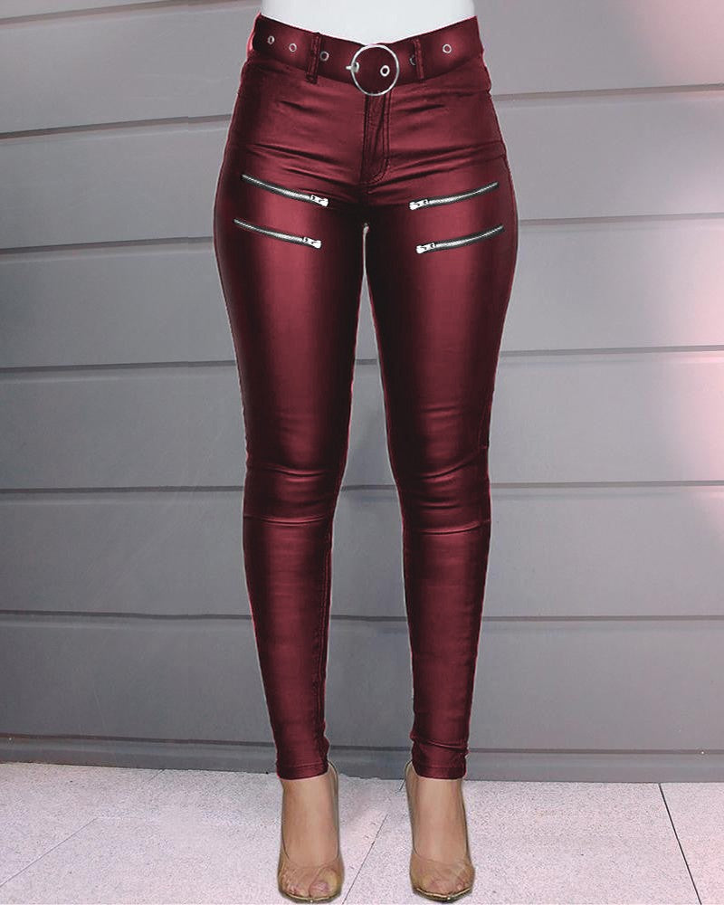 Zipper Design High Waist PU Leather Skinny Pants