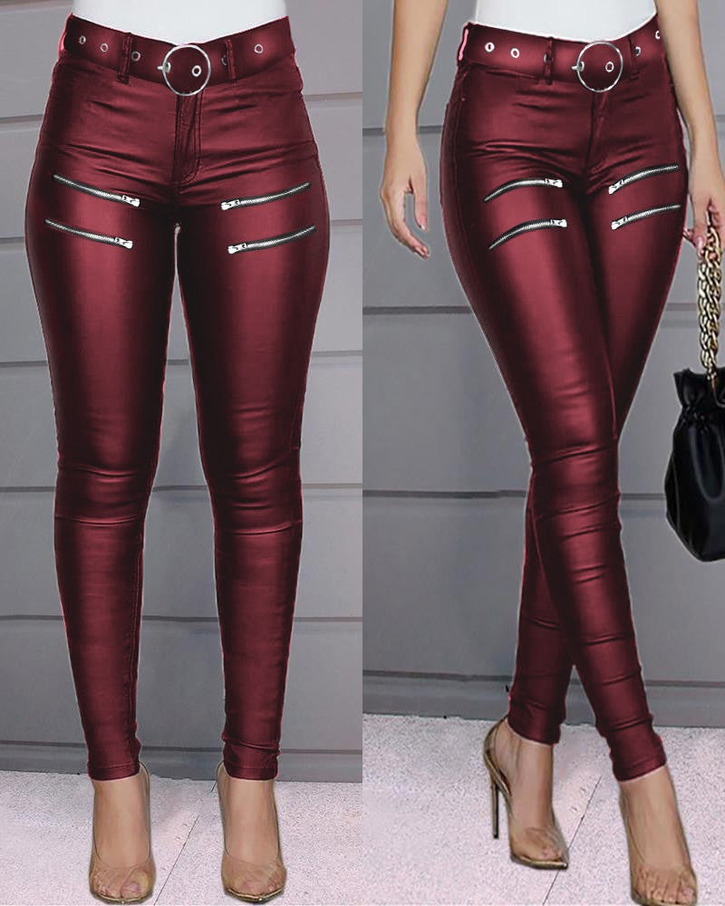 Zipper Design High Waist PU Leather Skinny Pants