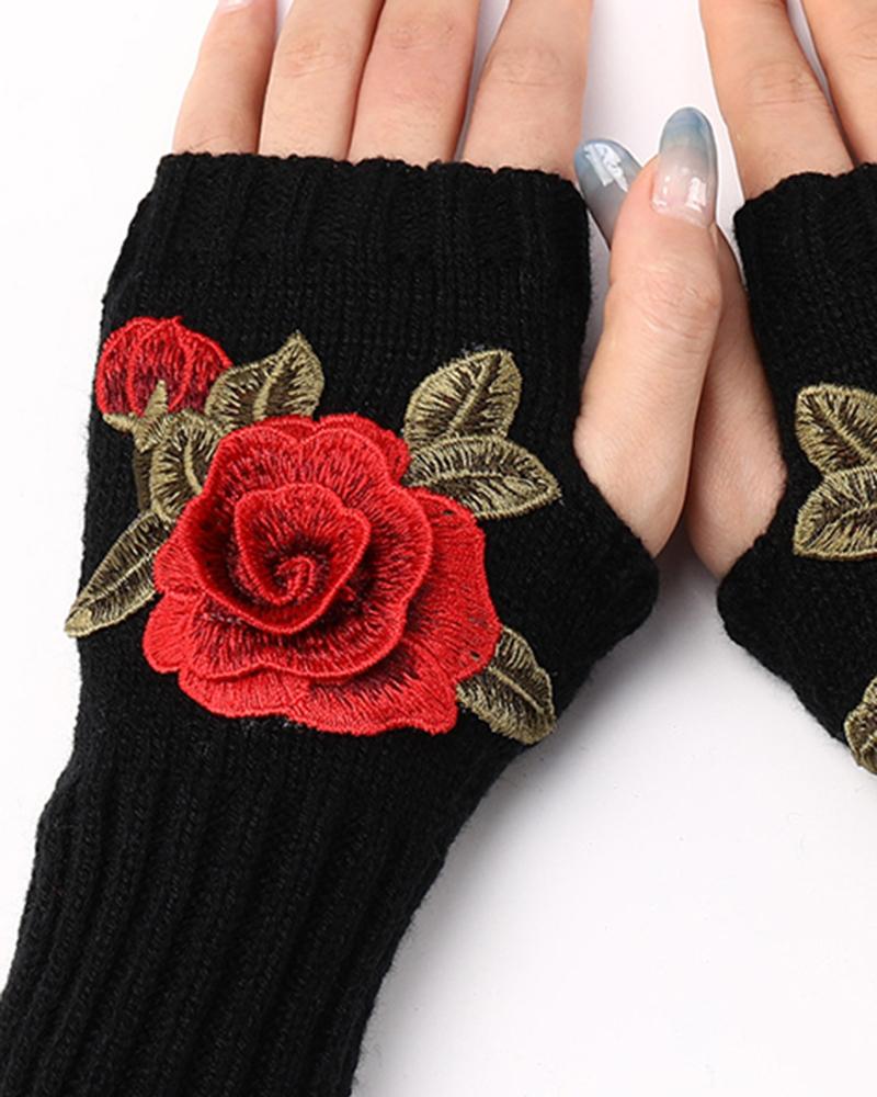 1Pair Floral Embroidery Fingerless Winter Knit Warm Gloves