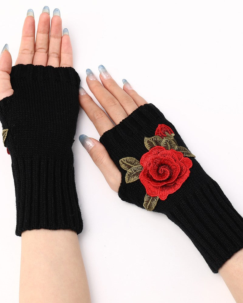 1Pair Floral Embroidery Fingerless Winter Knit Warm Gloves