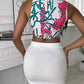 Colorblock Tie Front Crop Top & Slit Plain Skirt Set