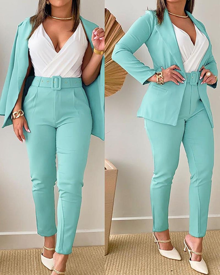 Turn down Collar Buttoned Blazer Coat & Belted Pants Set