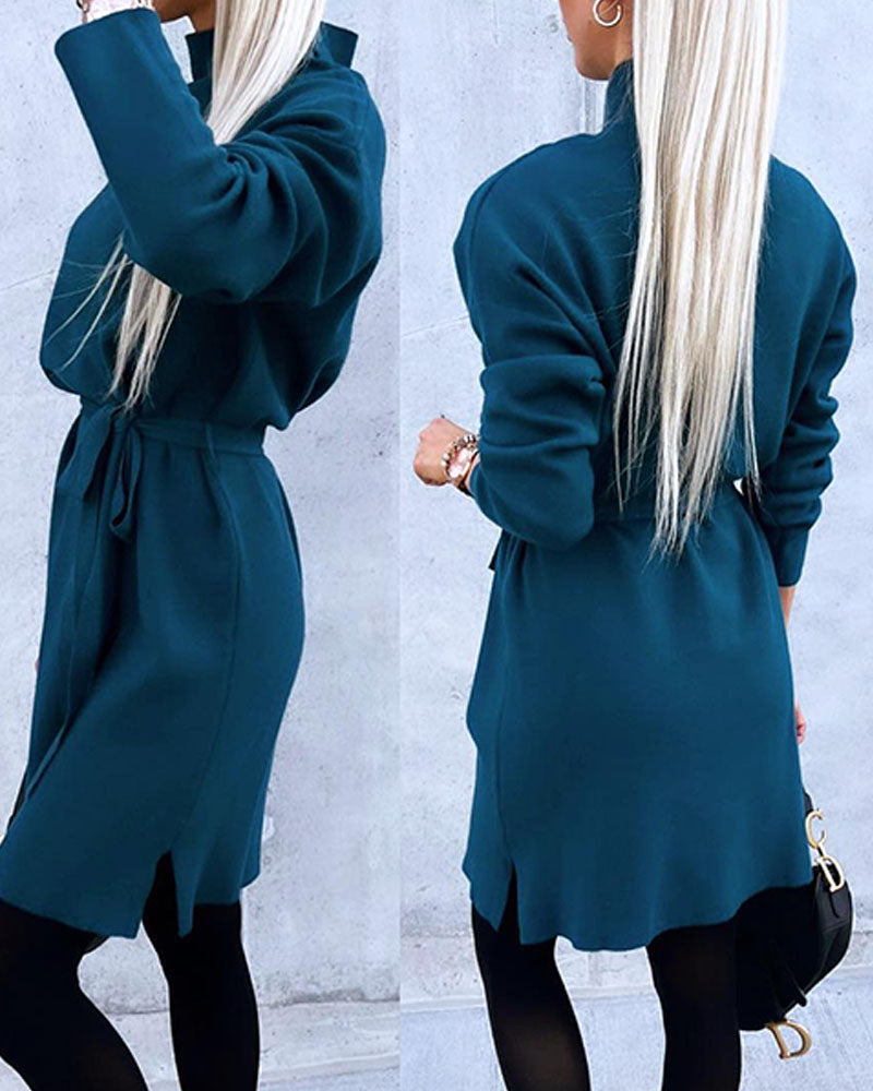 Mock Neck Tied Detail Slit Knit Sweater Dress