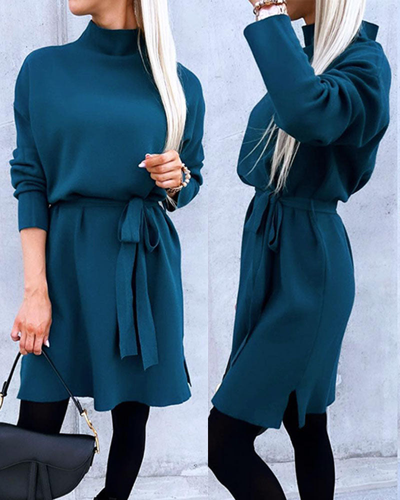 Mock Neck Tied Detail Slit Knit Sweater Dress