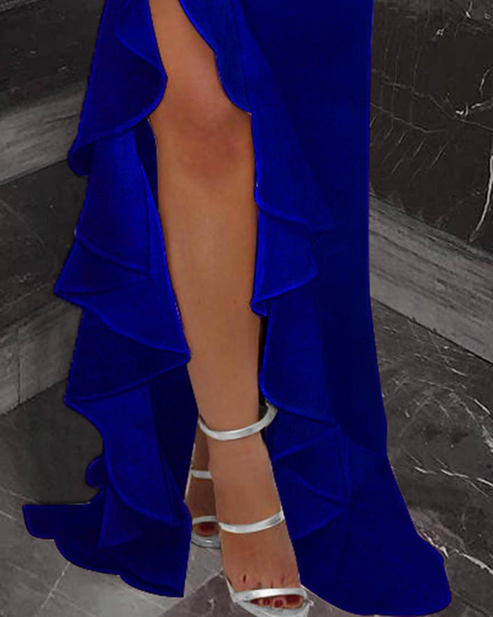 Rhinestone Decor Slit Ruffles Velvet Evening Dress