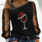 Christmas Wine Glass Print Contrast Mesh Cold Shoulder Top