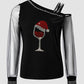 Christmas Wine Glass Print Contrast Mesh Cold Shoulder Top