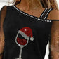 Christmas Wine Glass Print Contrast Mesh Cold Shoulder Top