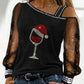 Christmas Wine Glass Print Contrast Mesh Cold Shoulder Top