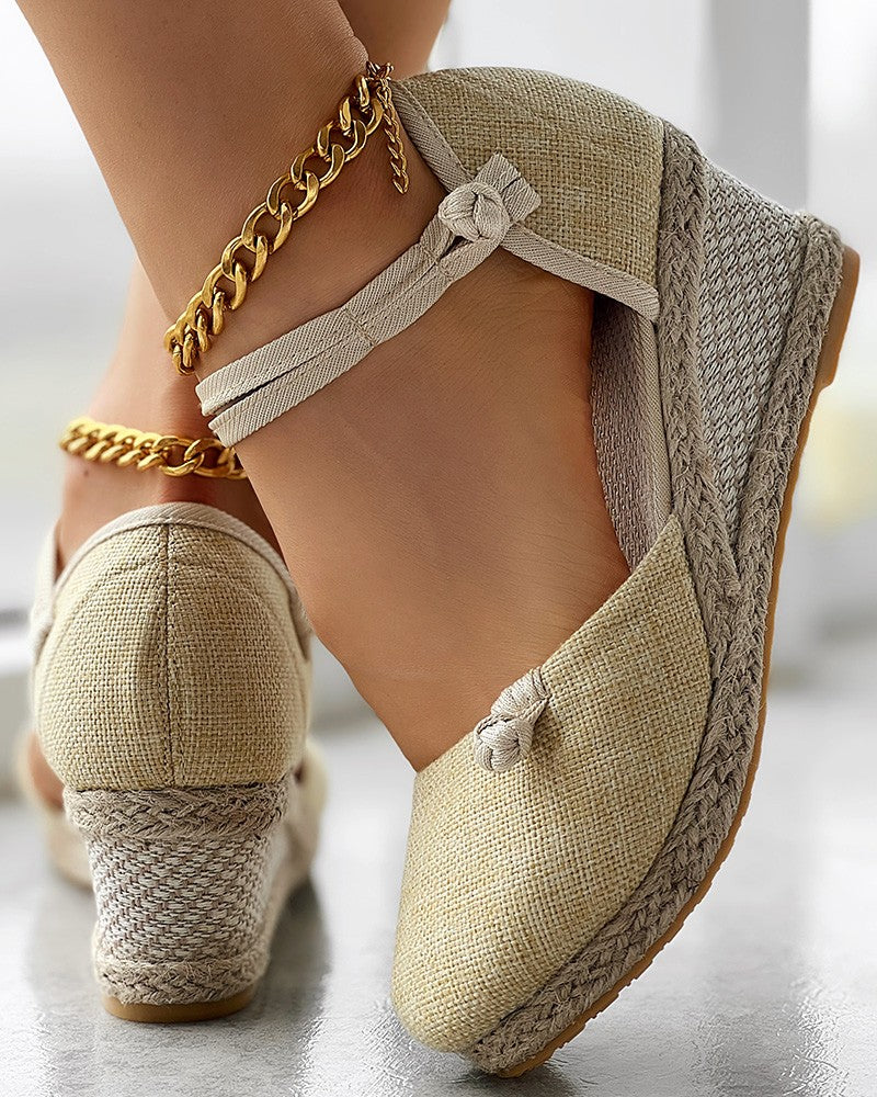 Braided Espadrille Knot Button Ankle Strap Wedge Sandals