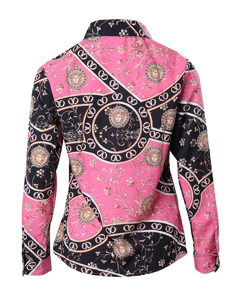 Baroque Print Button Up Long Sleeve Shirt