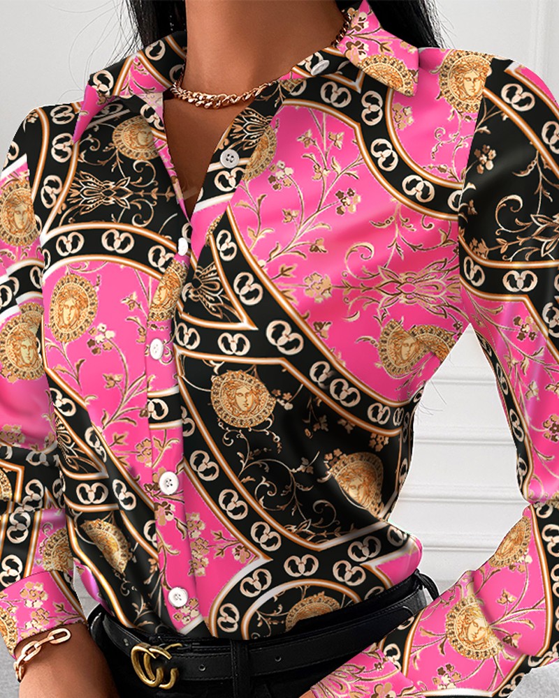 Baroque Print Button Up Long Sleeve Shirt