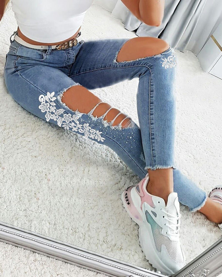 Contrast Lace Cutout Ripped Raw Hem Skinny Jeans