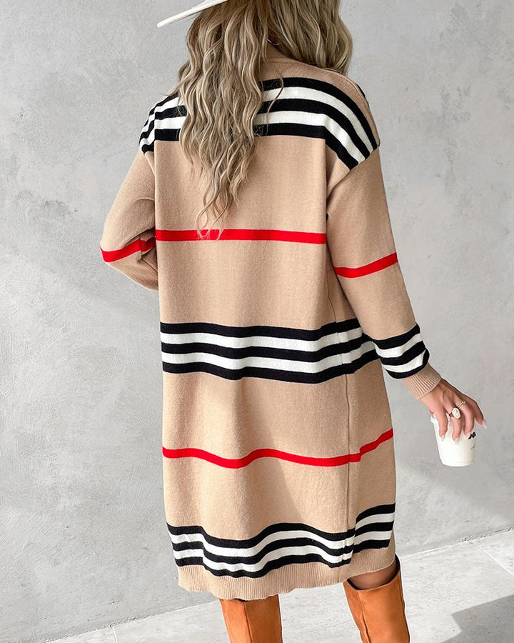 Striped Open Front Longline Knit Cardigan