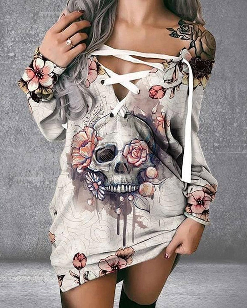 Halloween Eyelet Lace up Skull Floral Print Casual Dress