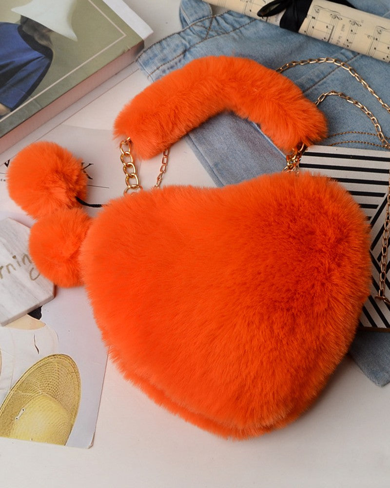 Fluffy Heart Shaped Pom Pom Chain Strap Handbag